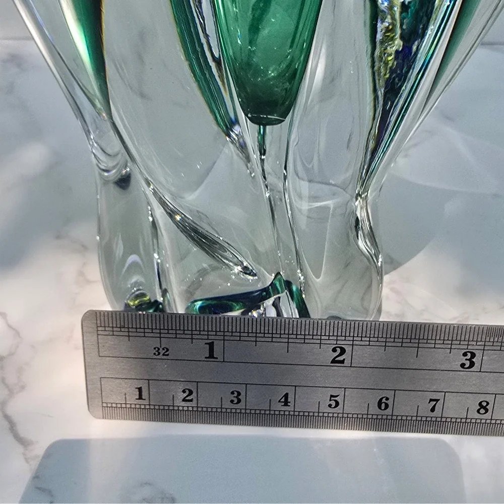 Royal Gallery Poland Art Glass Vase Blue Green Pulled Rim 1999 Federated 10 inch